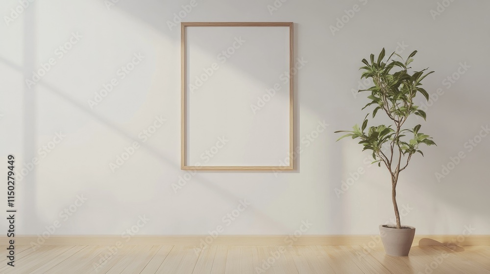 Minimalist living room with a blank wall frame and a single plant Minimalist living room with a blank wall frame and a single plant