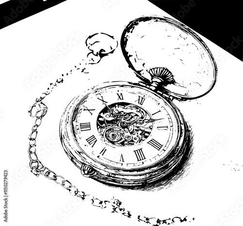 Vintage pocket watch with chain, open lid, detailed clockwork visible.