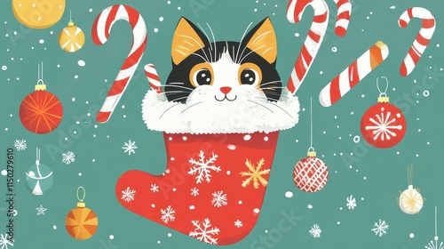 Adorable Cat in a Festive Stocking Surrounded by Christmas Decorations, Candy Canes, Ornaments, and Snowflakes for a Cheerful Holiday Vibe
