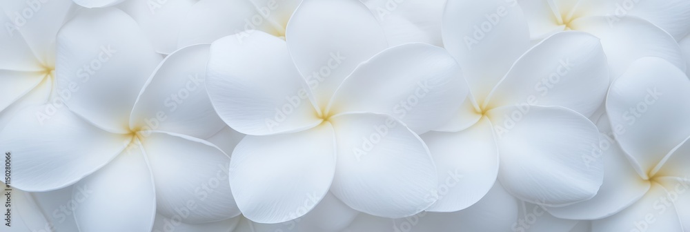 Fototapeta premium White Plumeria Blossom Background - Serenity, purity, peace, tranquility, nature. Soft white flowers, close up.