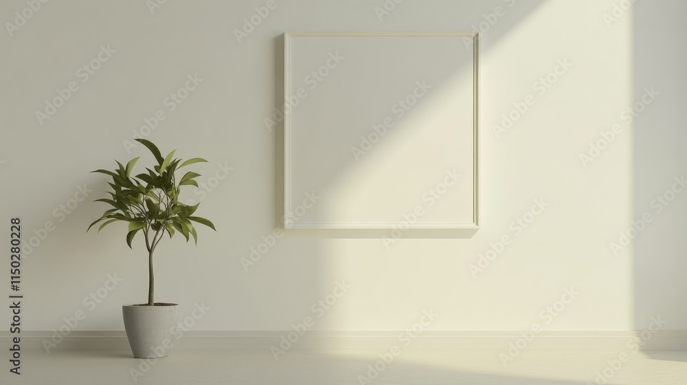 Minimalist living room with a blank wall frame and a single plant Minimalist living room with a blank wall frame and a single plant