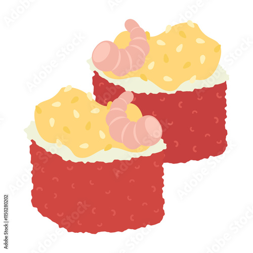 Sushi and roll pattern. Sushi seamless background. Tobiko maki, Philadelphia roll, onigiri, shrimp nigiri, futomaki, sake temaki, soy bowl, wasabi