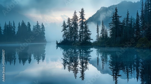 Serene misty forest at dawn  a tranquil and dreamlike atmosphere in nature s embrace photo