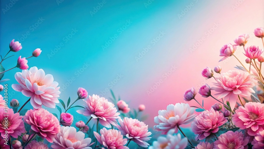Pink and Teal Floral Background with Blooming Flowers and Buds Pink and Teal Floral Background with Blooming Flowers and Buds