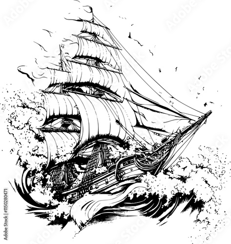 Dramatic black and white illustration of a sailing ship at sea, with full sails and spray.