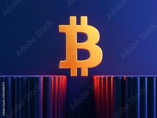 Bitcoin bridge leading across a chasm to a glowing goal symbol on the other side photo