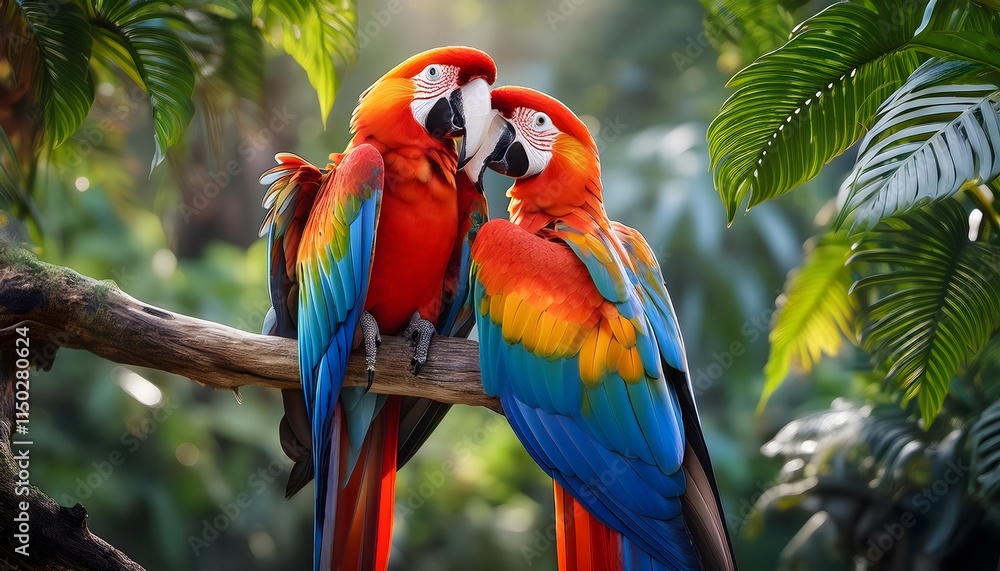Obraz premium Scarlet Macaw Couple in Lush Tropical Rainforest