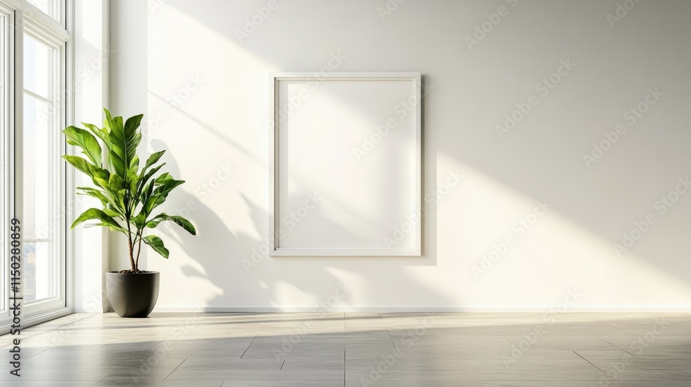 Minimalist living room with a blank wall frame and a single plant Minimalist living room with a blank wall frame and a single plant