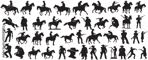 cowboy and horse running silhouettes , Cowboys ride horses, Riders on horseback isolated on white background vector