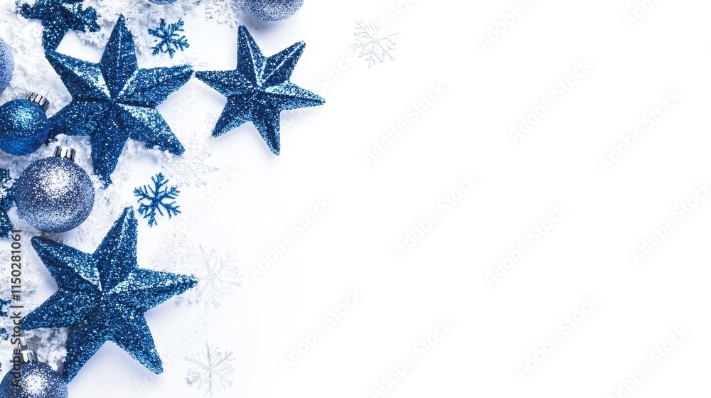 Winter Snowflakes and Stars Burst - Festive New Year's image featuring blue stars, ornaments, snowflakes on an icy white background. Symbolizing celebration, winter, joy, sparkle, and new beginnings. Winter Snowflakes and Stars Burst - Festive New Year's image featuring blue stars, ornaments, snowflakes on an icy white background. Symbolizing celebration, winter, joy, sparkle, and new beginnings.