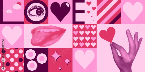 valentine, pattern, design, set. print, love, collage, background, elements, decoration, heart, vector, seamless, pink, illustration, hearts, card, shape, romance, art, day, symbol, wedding, holiday, 