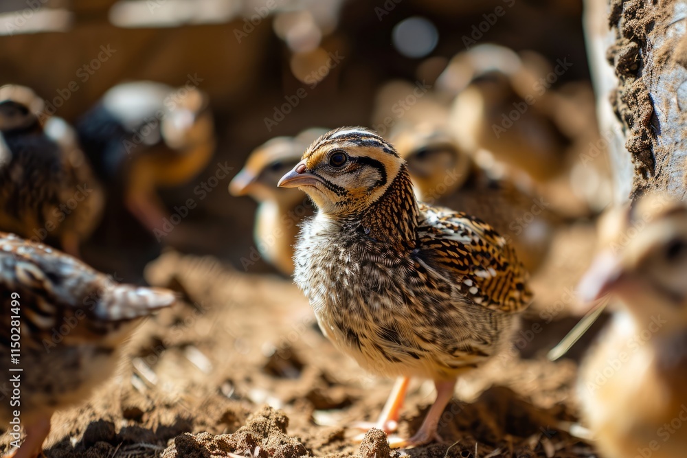 Buttonquail chicks standing on the ground, with other chicks in the background	
