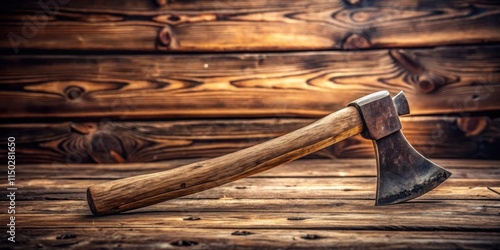 Rustic hand axe resting on weathered wooden planks photo