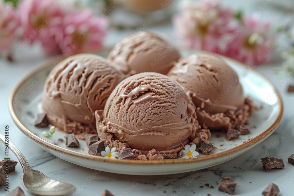 Delicious Chocolate Ice Cream Scoops Garnished With Chocolate Pieces And Flowers. Delicious Chocolate Ice Cream Scoops Garnished With Chocolate Pieces And Flowers.