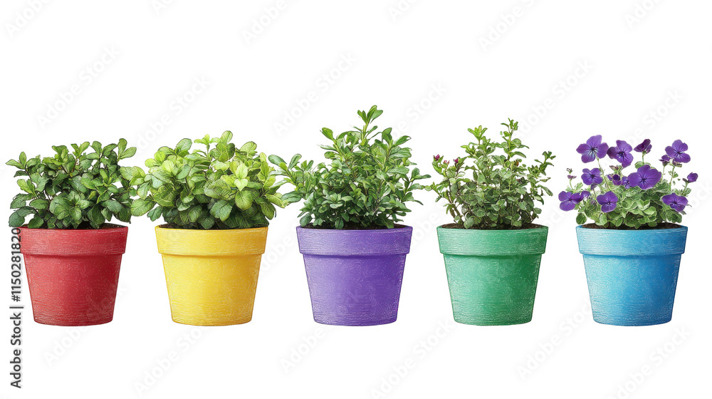 Colorful Potted Plants Arranged in a Row on a White Background Colorful Potted Plants Arranged in a Row on a White Background