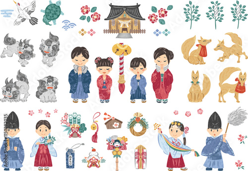 1月　正月　神社へ初詣に行く家族　イラストセット