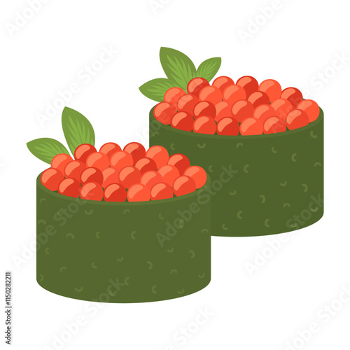 Sushi and roll pattern. Sushi seamless background. Tobiko maki, Philadelphia roll, onigiri, shrimp nigiri, futomaki, sake temaki, soy bowl, wasabi