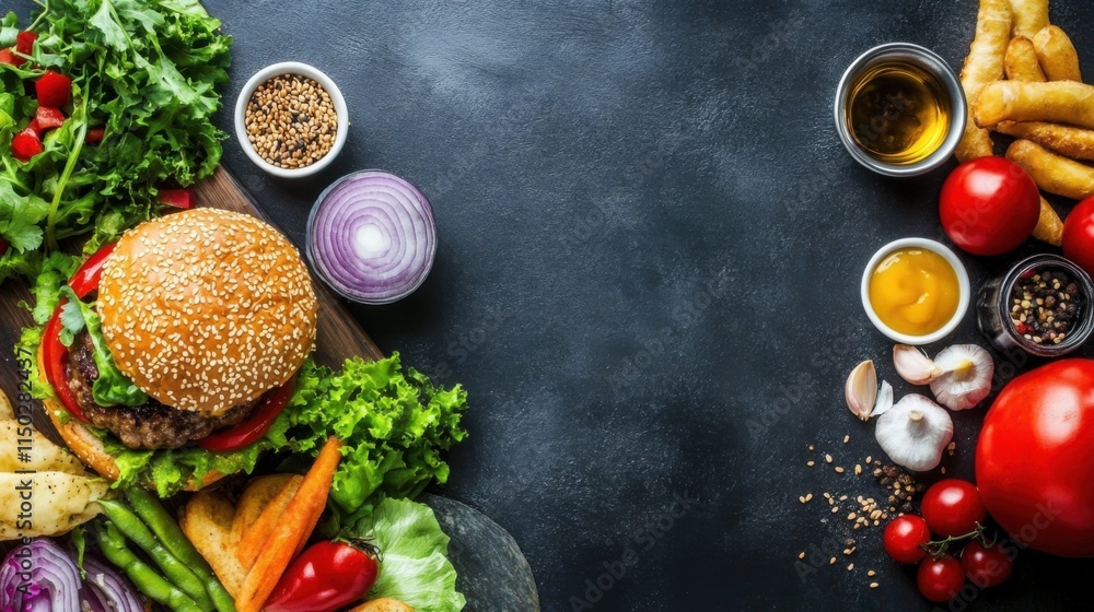 Fresh and Delicious Ingredients for Healthy Cooking Featuring a Burger Surrounded by Colorful Vegetables and Tasty Condiments on a Dark Slate Background Fresh and Delicious Ingredients for Healthy Cooking Featuring a Burger Surrounded by Colorful Vegetables and Tasty Condiments on a Dark Slate Background
