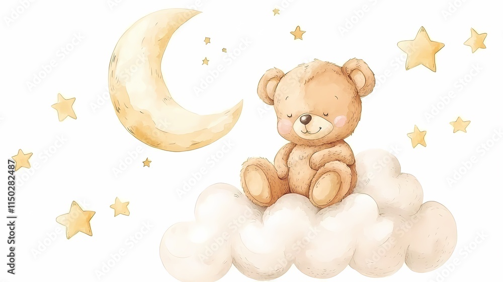 Watercolor valentine with cute animal. A cute teddy bear sitting on a cloud with stars and a crescent moon. Watercolor valentine with cute animal. A cute teddy bear sitting on a cloud with stars and a crescent moon.