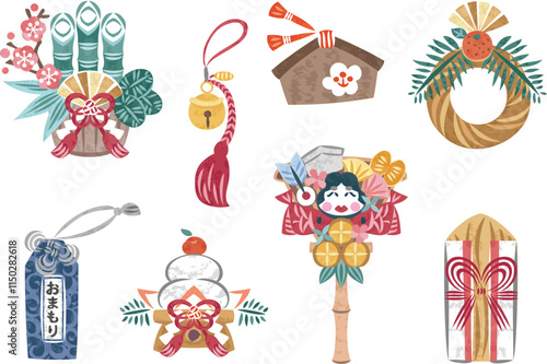 1月　正月　初詣　縁起物　イラストセット