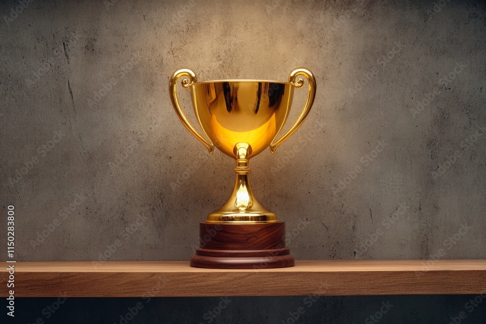 A golden trophy on a polished wooden base, displayed on a shelf with dramatic lighting A golden trophy on a polished wooden base, displayed on a shelf with dramatic lighting