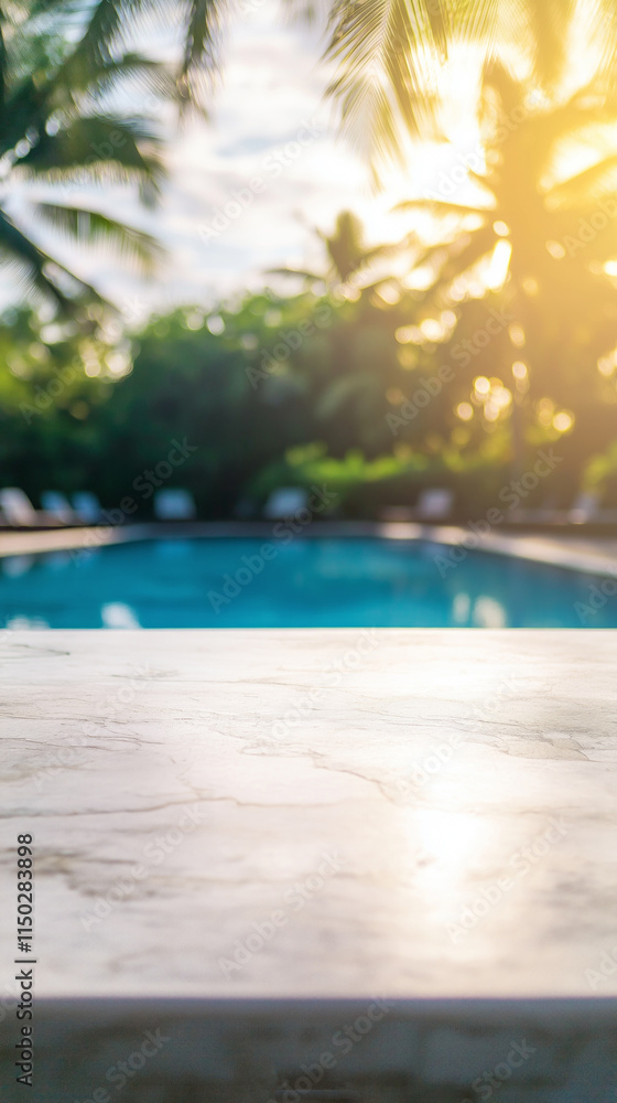 Fototapeta premium A pristine white marble tabletop glimmers in the warm sunlight, positioned beside a clear blue pool. Lush tropical plants create a peaceful atmosphere, inviting relaxation and tranquility