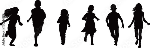 Silhouette of six children running a race on white background,Vector illustration