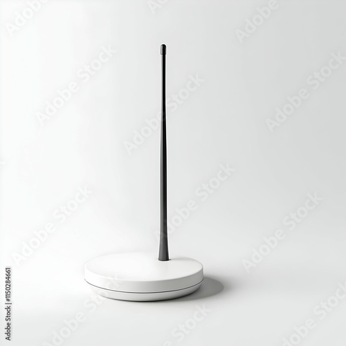A sleek, white, circular base supports a tall, slender black antenna. The device appears modern and minimalist, possibly a wireless router or similar technology.