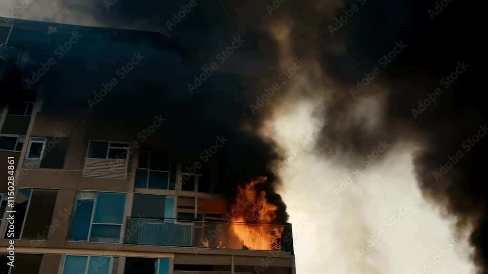 Black smoke and fire in a multi-story apartment complex Black smoke and fire in a multi-story apartment complex