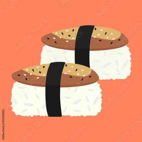 Asian food. Sushi, ramen, roll, soy sauce, wasabi, shrimp. In trendy groovy hippie retro style. Vector illustration Seafood