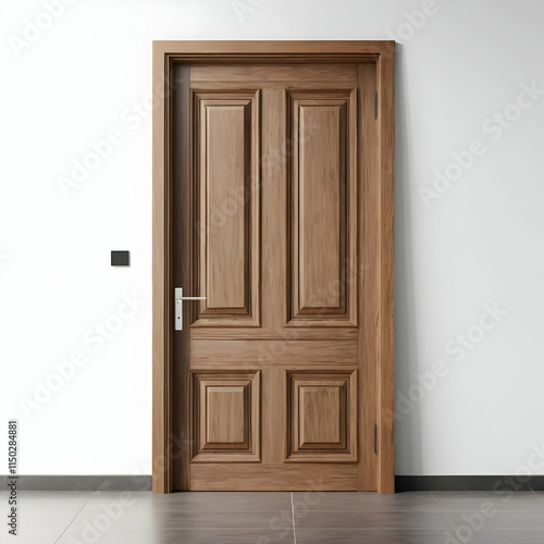 A sleek, brown wooden door with paneling is shown against a white wall, featuring a simple silver handle and a small black device near the door frame. Modern and minimalist.