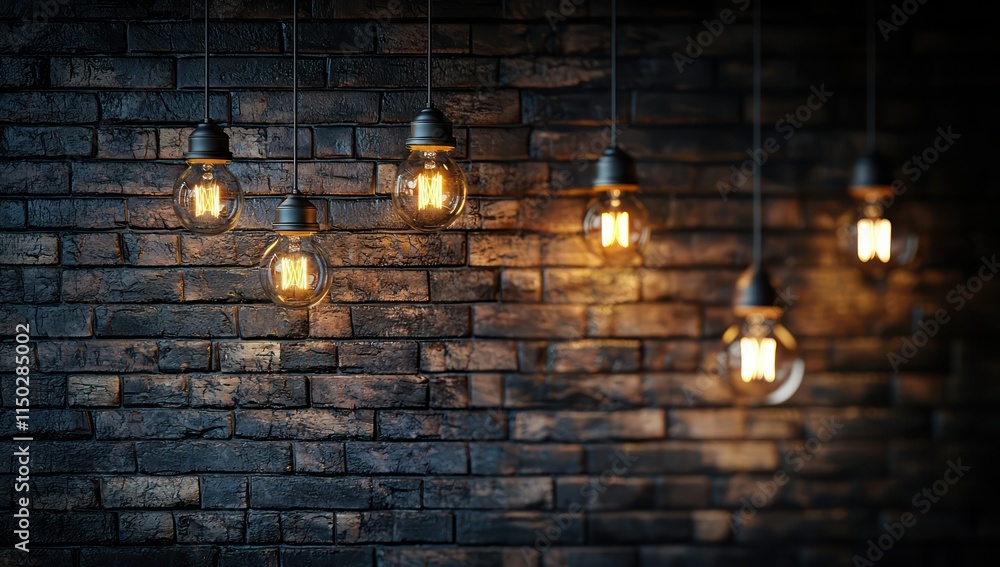 A chic industrial-inspired room with a dark brick wall and a row of hanging bulbs