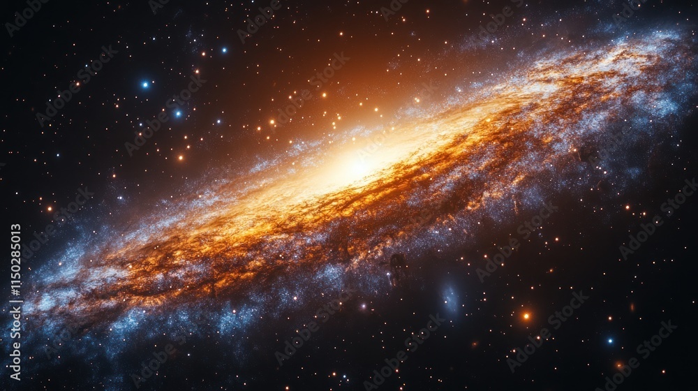 Fototapeta premium Spiral galaxy, orange and blue hues, cosmic dust.