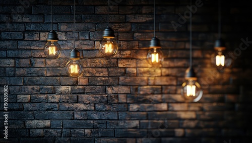 Obraz na płótnie A chic industrial-inspired room with a dark brick wall and a row of hanging bulbs w salonie