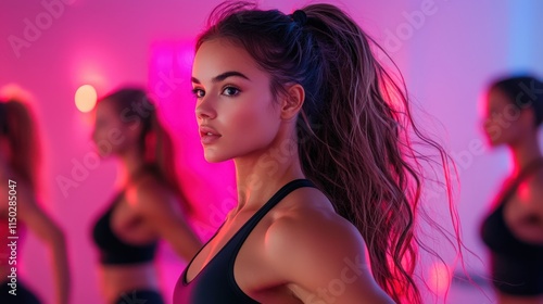 A focused female athlete poses confidently in a vibrant, colorful setting, showcasing strength and determination during a workout session.