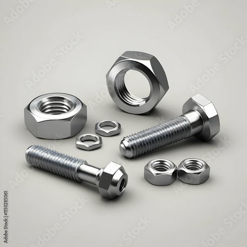 Closeup of various metallic fasteners bolts, nuts, and screws. Shiny, chromelike finish. Isolated on a light gray background. Industrial hardware. photo