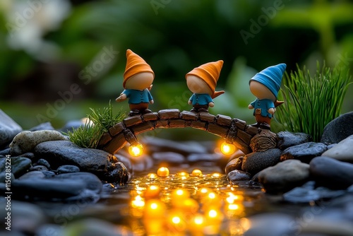 A harmonious scene of elves and gnomes working together to build a bridge over a glowing, enchanted stream photo