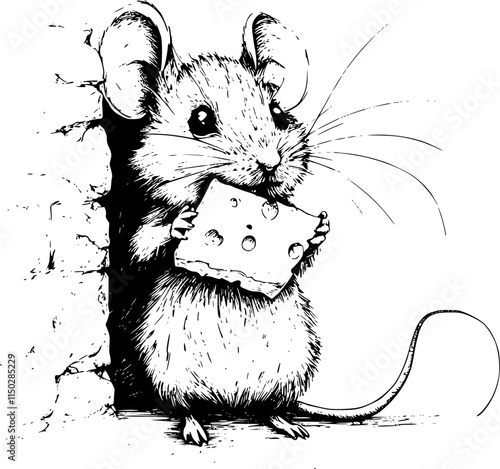 Cute mouse peeking from a hole, holding a slice of cheese.