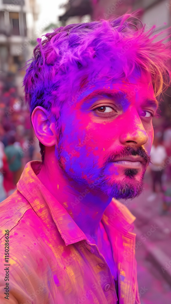 A young mans face and shirt are vividly colored with pink and purple Holi powder. His expression is serious, the background blurred with festival activity.