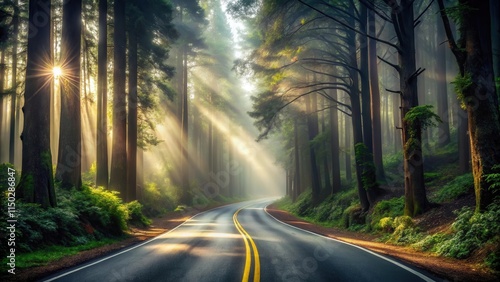 Sunbeams illuminate a winding road through a mystical forest