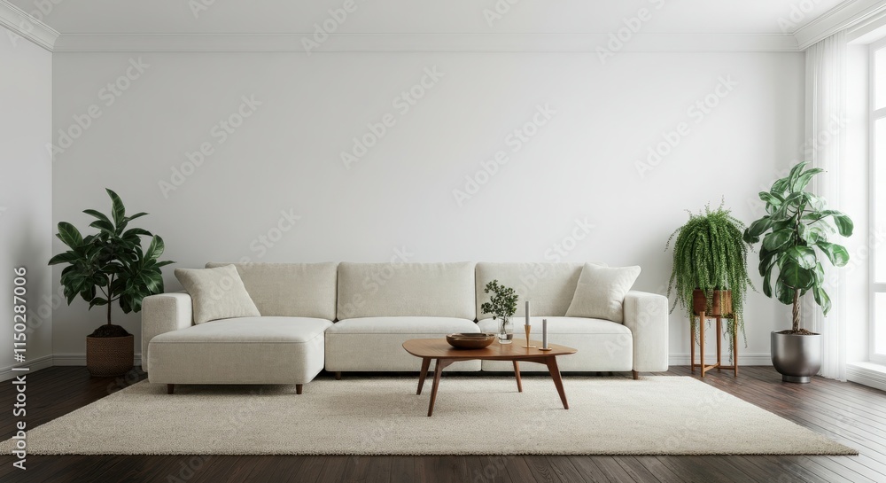 Fototapeta premium modern creative living room interior design backdrop ideas concept house beautiful background elevation of sofa with decorative photo paint frame full wall background