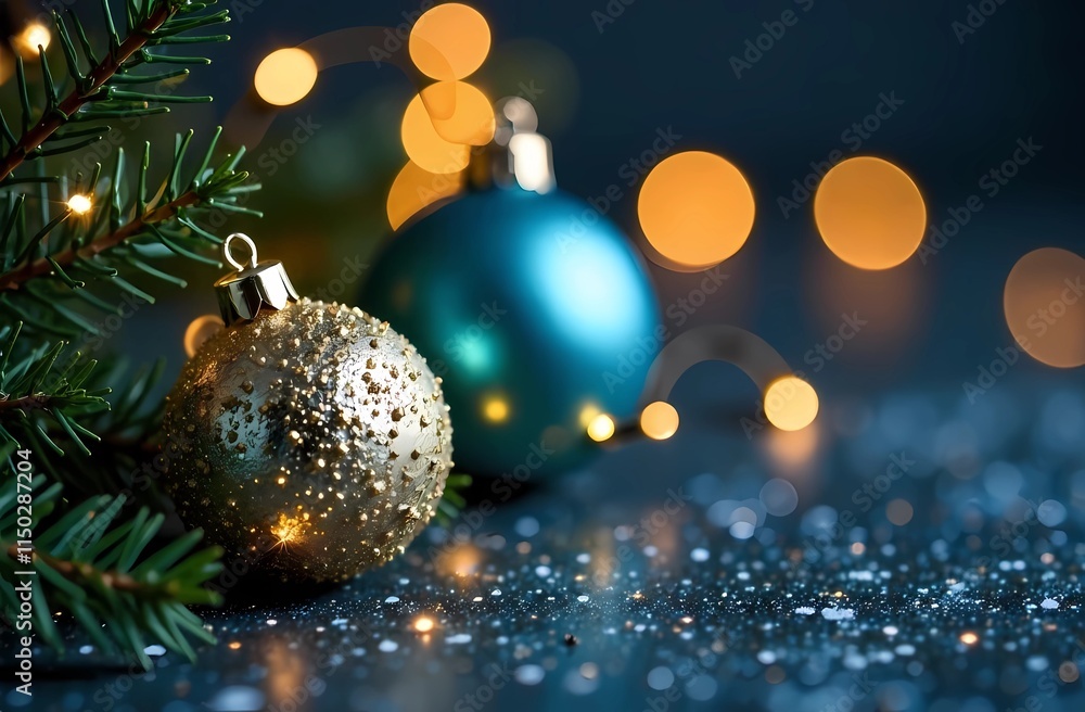 Holiday card with gold and blue balloons and sparkling lights. Christmas background, holiday greetings, holiday decoration Holiday card with gold and blue balloons and sparkling lights. Christmas background, holiday greetings, holiday decoration