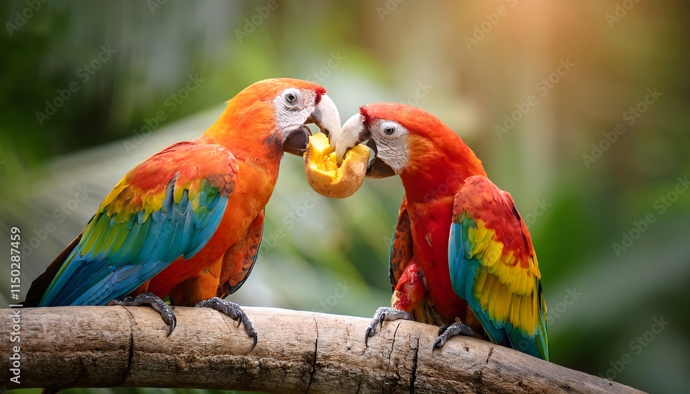 Colorful Macaws Sharing Fruit on Branch Wildlife Nature Birds Colorful Macaws Sharing Fruit on Branch Wildlife Nature Birds