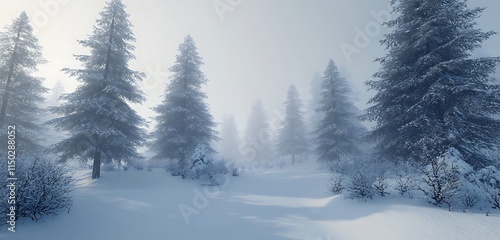 The peaceful serenity of snow-covered trees in a foggy winter forest