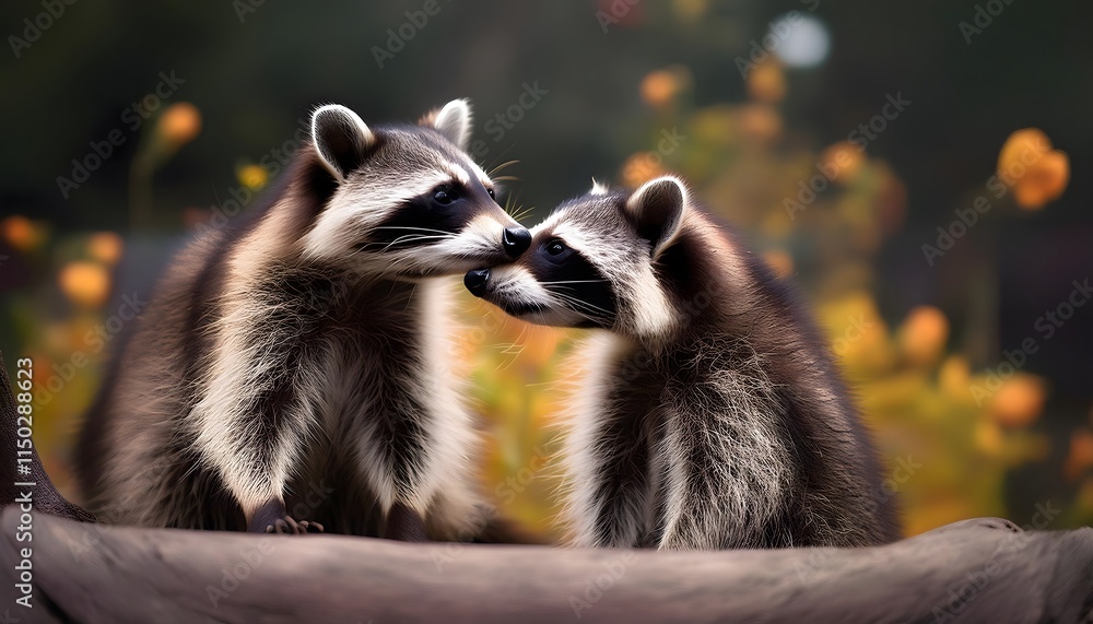 Obraz premium Adorable Raccoon Couple Wildlife Nature Animals Close up Outdoors Furry Cute Mammals Wild Animals