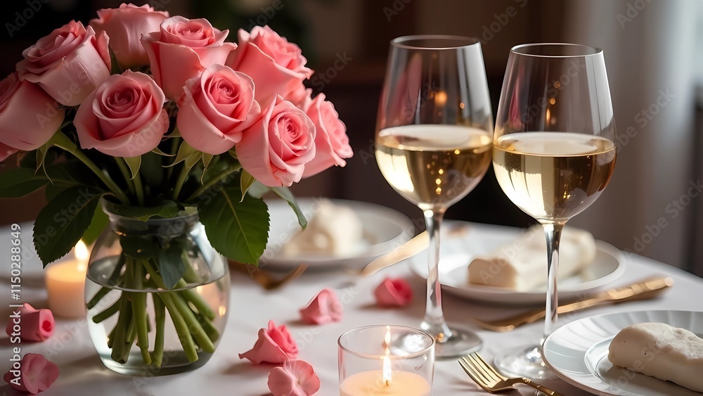 Romantic dinner service with fresh roses and glasses of wine for a special occasion. Romantic card.