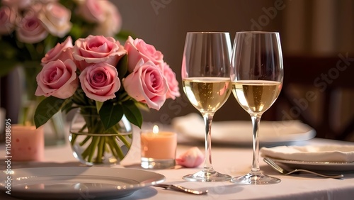 Romantic dinner service with fresh roses and glasses of wine for a special occasion. Romantic card.