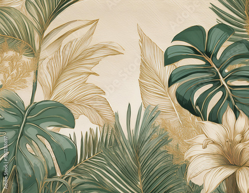 Detailed Drawings of Monstera, Palms, and Flowers in Soft Green Tones with Golden Accents Botanical Art Illustration Scene
