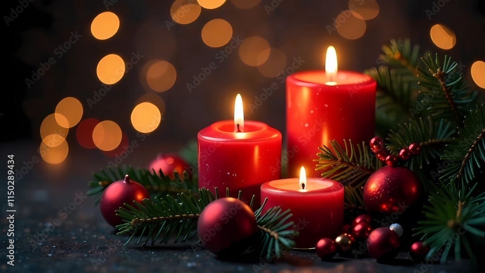 Christmas candles and Christmas tree on bokeh background with twinkling lights. A festive Christmas card. Christmas candles and Christmas tree on bokeh background with twinkling lights. A festive Christmas card.