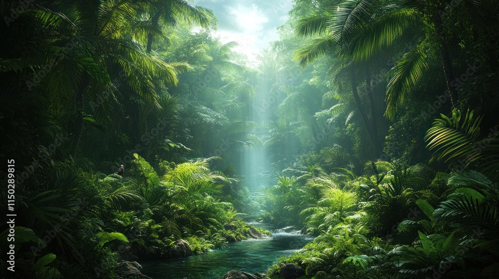 Obraz premium Lush jungle stream, sunlight through canopy.